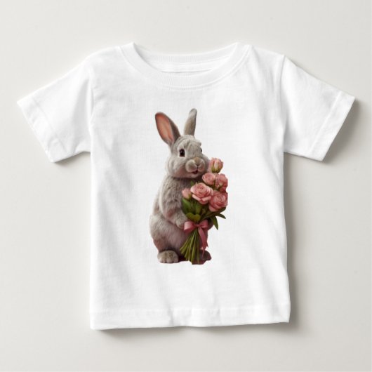 「ピンクのバラを持つかわいいウサギ」のアートデザイン ベビーTシャツ (正面)