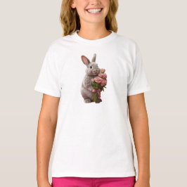 「ピンクのバラを持つかわいいウサギ」アートデザイン Tシャツ