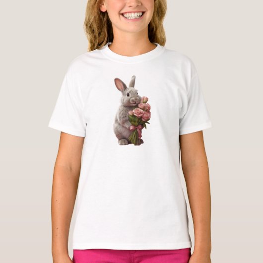 「ピンクのバラを持つかわいいウサギ」アートデザイン Tシャツ (正面)