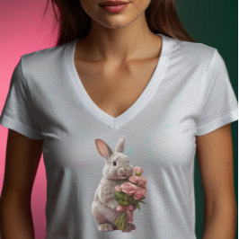 「ピンクのバラを持つかわいいウサギ」アートデザイン Tシャツ