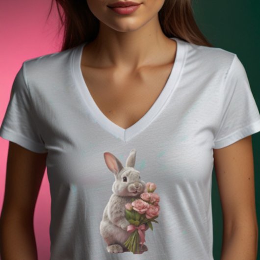 「ピンクのバラを持つかわいいウサギ」アートデザイン Tシャツ