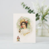 ピンクのバラを持つ若い女性 ポストカード (スタンド正面)