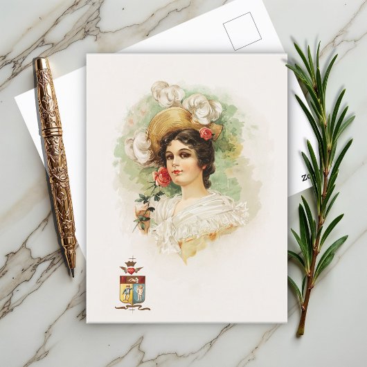 ピンクのバラを持つ若い女性 ポストカード