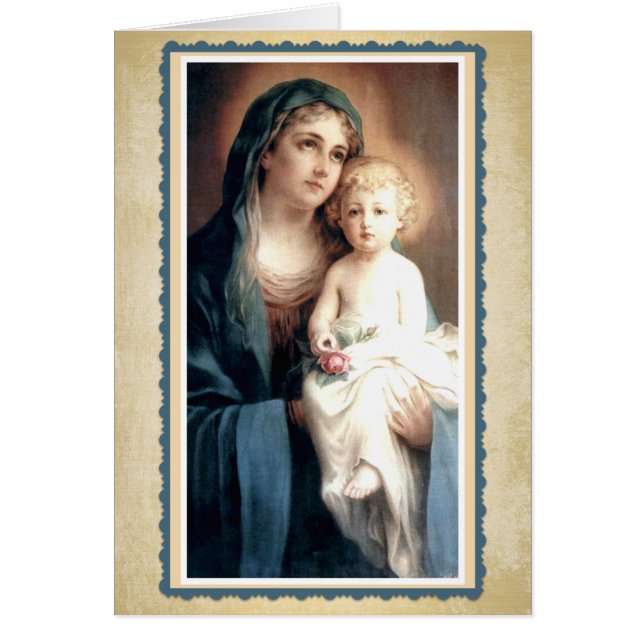 ピンクのバラを握っている子供イエス・キリストを持つ聖母マリア (正面)