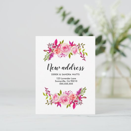 ピンクのバラを移動したアドレスの変更 案内ポストカード (スタンド正面)