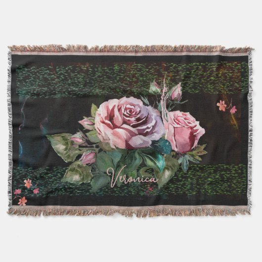 ピンクのバラを黒に スローブランケット (正面)