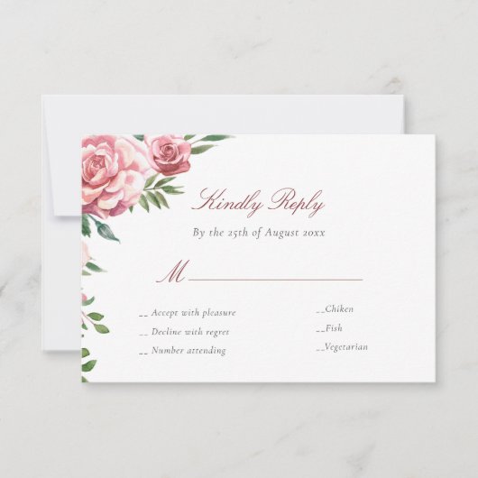 ピンクのバラエレガントスの食事の選択肢ウェディングRSVPカード 出欠カード (正面)