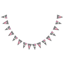 ピンクのバラストライプとかわいらしフローラ結婚の バンティングフラッグ