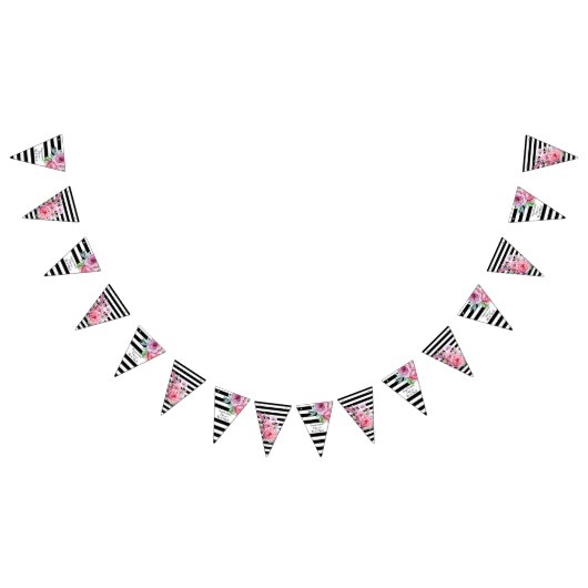 ピンクのバラストライプとかわいらしフローラ結婚の バンティングフラッグ (全)