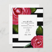 ピンクのバラストライプのの結婚式の日付を保存 案内ポストカード (正面/裏面)