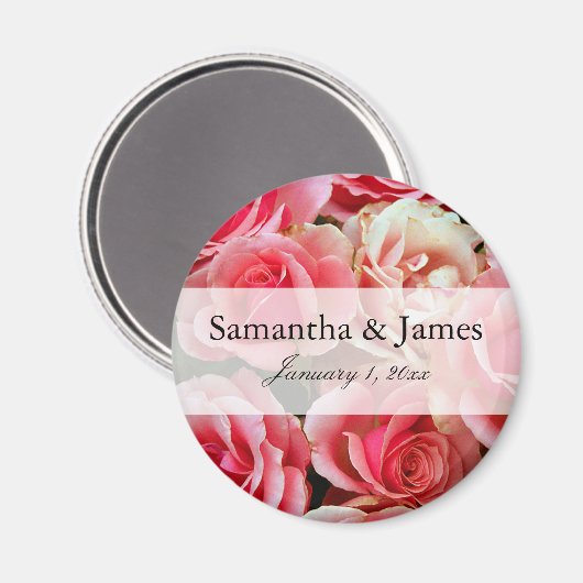 ピンクのバラパーソナライズされた結婚ブーケ マグネット (正面/裏面)
