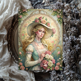 ピンクのバラビクトリアンの水色のヴィンテージ女性 薄葉紙