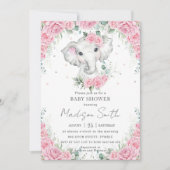ピンクのバラフローラかわいい象の赤ちゃんシャワー 招待状 (正面)