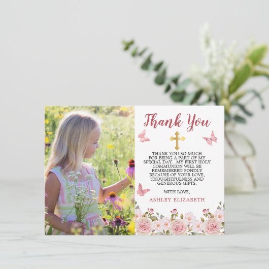 ピンクのバラフローラと蝶ファーストコミューン サンキューカード (スタンド正面)