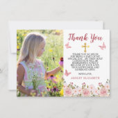 ピンクのバラフローラと蝶ファーストコミューン サンキューカード (正面)