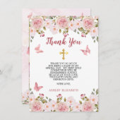 ピンクのバラフローラと蝶ファーストコミューン サンキューカード (正面/裏面)