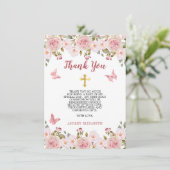 ピンクのバラフローラと蝶ファーストコミューン サンキューカード (スタンド正面)