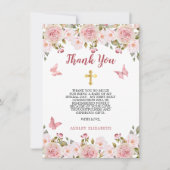 ピンクのバラフローラと蝶ファーストコミューン サンキューカード (正面)