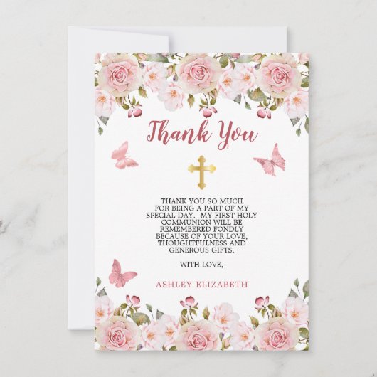 ピンクのバラフローラと蝶ファーストコミューン サンキューカード (正面)