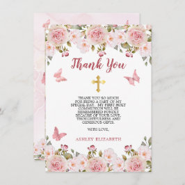 ピンクのバラフローラと蝶ファーストコミューン サンキューカード