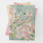 ピンクのバラフローラドット金ゴールドティール（緑がかった色）ヴィンテージシックなエレガン ラッピングペーパーシート (インサイチュ)