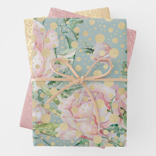 ピンクのバラフローラドット金ゴールドティール（緑がかった色）ヴィンテージシックなエレガン ラッピングペーパーシート (インサイチュ)
