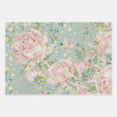 ピンクのバラフローラドット金ゴールドティール(緑がかった色)ヴィンテージシックなエレガン ラッピングペーパーシート (正面)