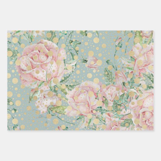 ピンクのバラフローラドット金ゴールドティール（緑がかった色）ヴィンテージシックなエレガン ラッピングペーパーシート (正面)