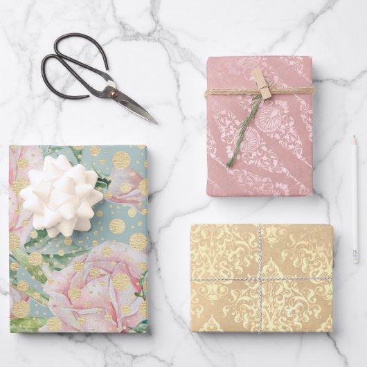 ピンクのバラフローラドット金ゴールドティール(緑がかった色)ヴィンテージシックなエレガン ラッピングペーパーシート (正面)