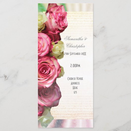 ピンクのバラフローラ教会の結婚式プログラム プログラム (正面)