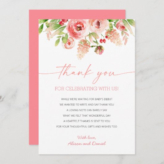 ピンクのバラフローラ緑の女の子ベビーシャワー サンキューカード (正面/裏面)