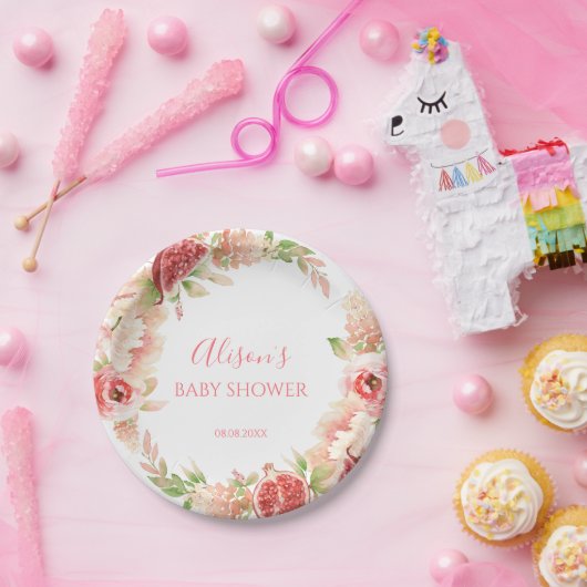 ピンクのバラフローラ緑の女の子ベビーシャワー ペーパープレート (パーティー)