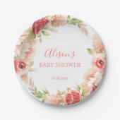ピンクのバラフローラ緑の女の子ベビーシャワー ペーパープレート (正面)