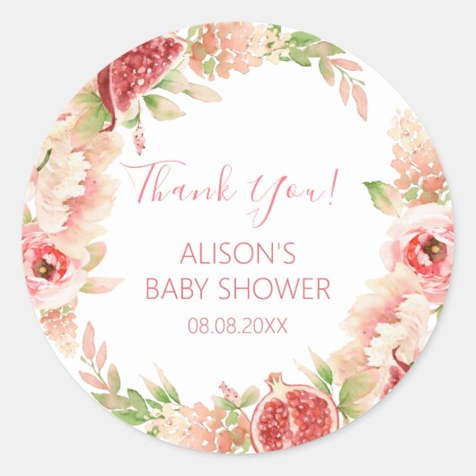 ピンクのバラフローラ緑の女の子ベビーシャワー ラウンドシール (正面)