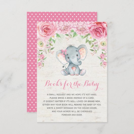 ピンクのバラベビーゾウが本の挿入カードを持って来る エンクロージャーカード (正面/裏面)