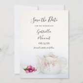 ピンクのバラ付きティーポット茶パーティー保存日 セーブザデート (正面)