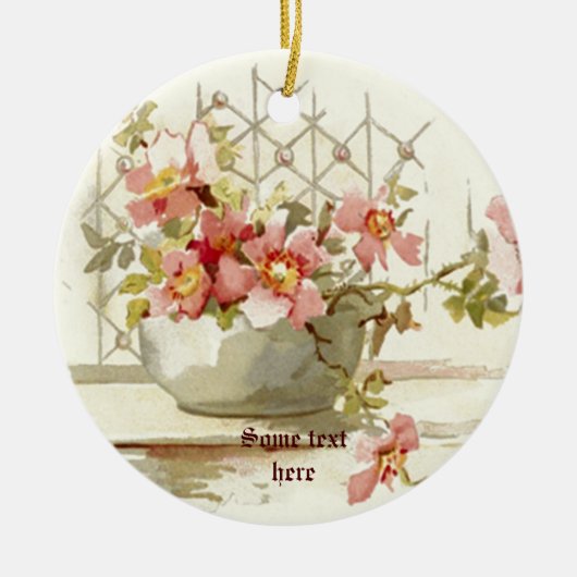 ピンクのバラ付き花瓶ヴィンテージ水彩オーナメント セラミックオーナメント (正面)