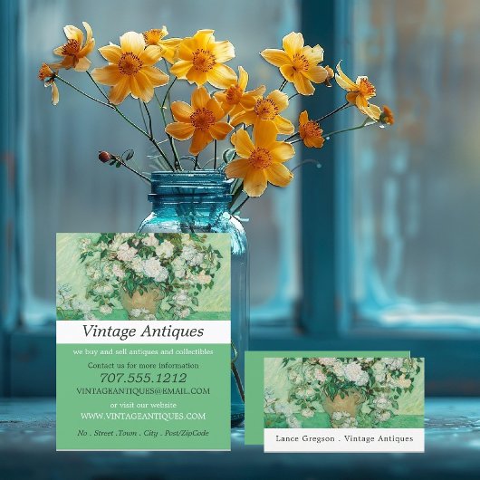 ピンクのバラ付き花瓶、アンティークディーラー 名刺