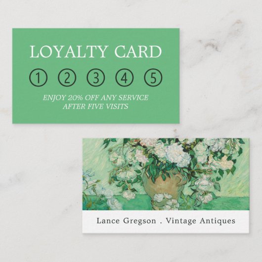 ピンクのバラ付き花瓶、アンティーク販売業 ロイヤリティカード (正面/裏面)