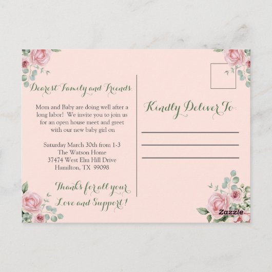 ピンクのバラ写真の赤ちゃん女の子発表はがき ポストカード (裏面)