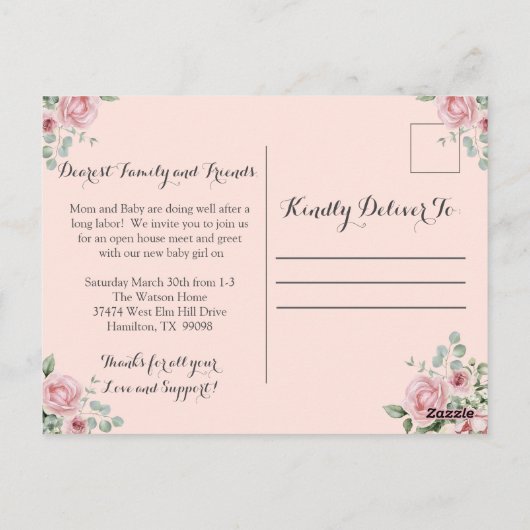 ピンクのバラ写真の赤ちゃん女の子発表はがき ポストカード (裏面)