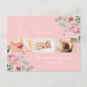 ピンクのバラ写真の赤ちゃん女の子発表はがき ポストカード (正面)