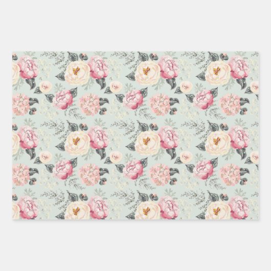 ピンクのバラ園の花模様 ラッピングペーパーシート (正面3)