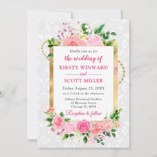 ピンクのバラ夏の花ゴールドフォイル結婚ズ 招待状 (正面)