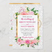 ピンクのバラ夏の花ゴールドフォイル結婚ズ 招待状 (正面/裏面)