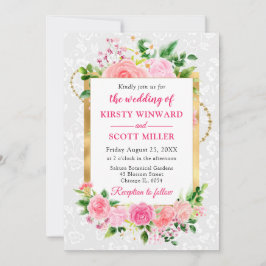 ピンクのバラ夏の花ゴールドフォイル結婚ズ 招待状