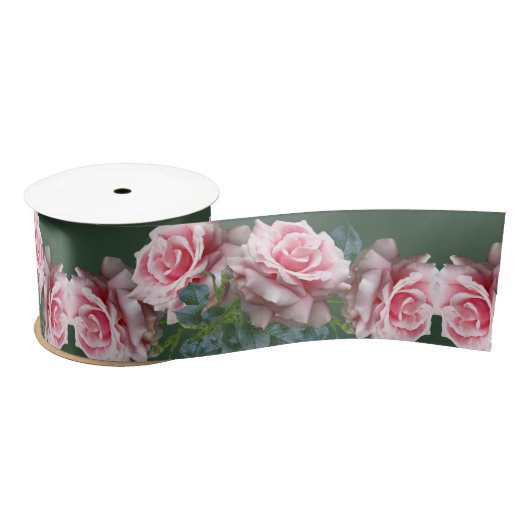ピンクのバラ幅結婚の濃い緑のリボン サテンリボン (リール)
