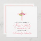 ピンクのバラ広場と最初のコミュニオンクロス 招待状 (正面/裏面)