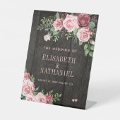 ピンクのバラ庭園の結婚式納屋の木材ウェルカムサイン 台座サイン (正面)