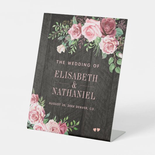 ピンクのバラ庭園の結婚式納屋の木材ウェルカムサイン 台座サイン (正面)